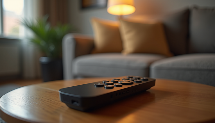 High angle view of a streaming device remote on a coffee table
