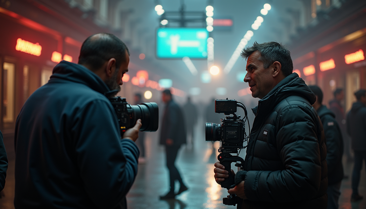 Close-up view of a film set with a director and camera equipment