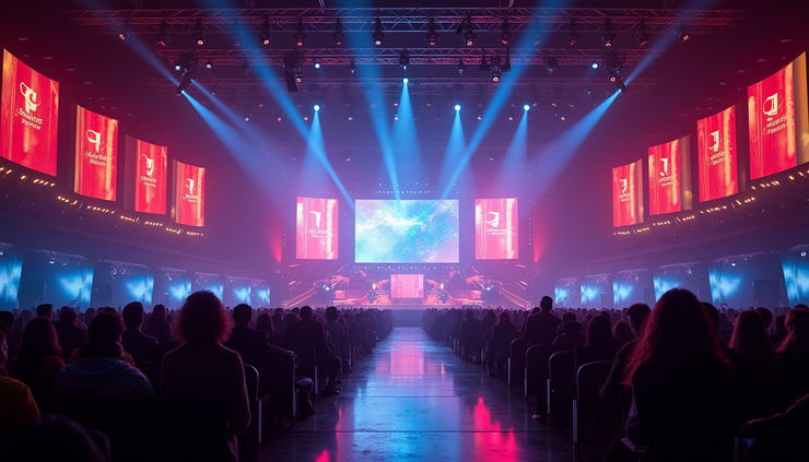 Eye-level view of a large stage set up for an awards ceremony with colorful lighting and gaming-themed decorations