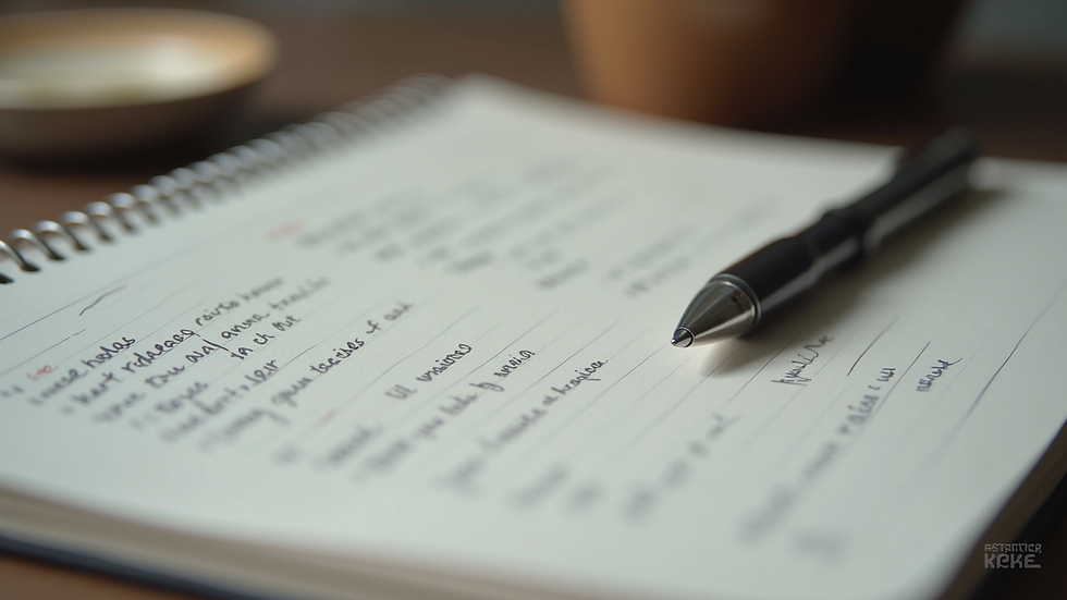 Close-up view of a notebook with handwritten notes and a pen