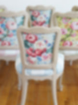 Custom French Provincial dining chairs: citrus green floral/check, green velvet seats. Whimsical tea time!