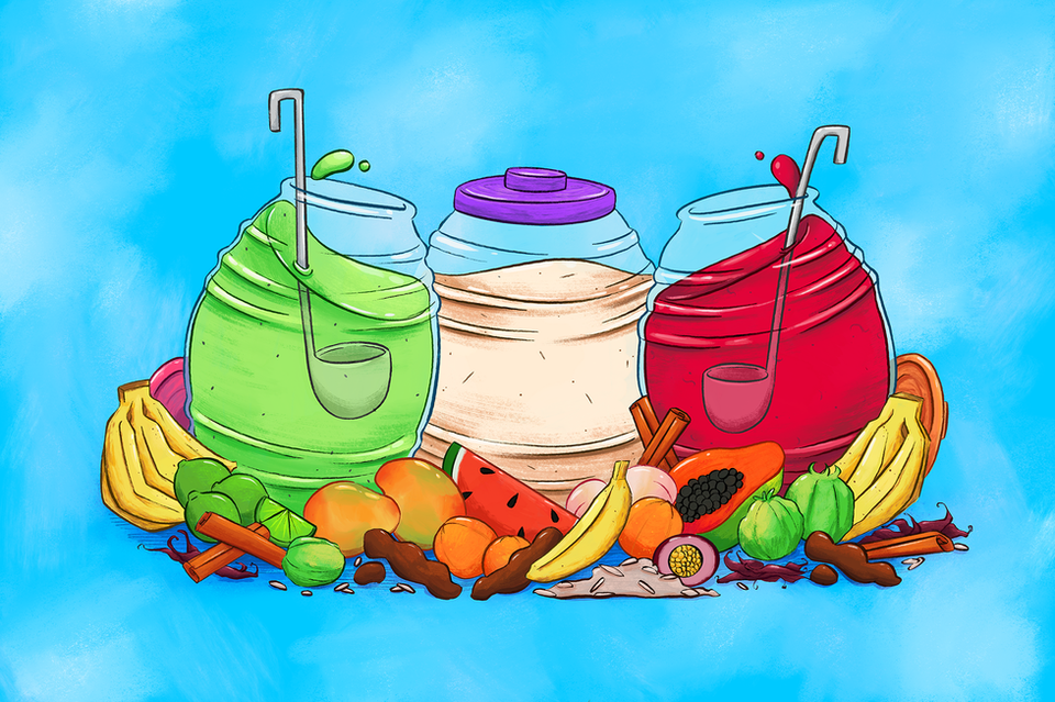 Image of three vitroleros filled with aguas frescas in the flavors limon, horchata, and jamaica. The three jugs are surrounded by an abundant array of fruits and spices.