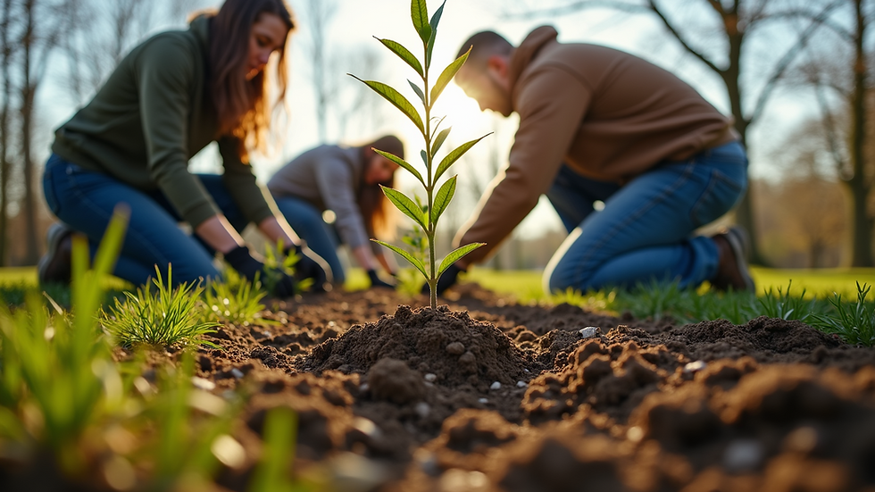 Eye-level view of a group of volunteers planting trees in a community park