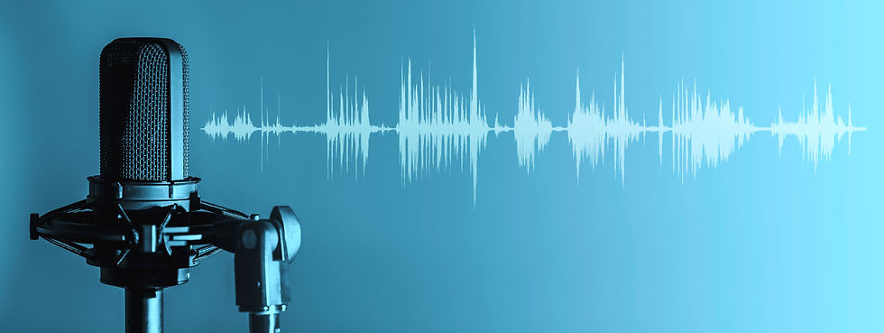 Professional microphone with waveform on blue background banner, Podcast or recording stud