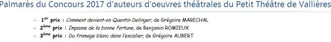 "Du fromage blanc dans l'escalier" au palmarès du Concours 2017 d'auteurs d’œuvres