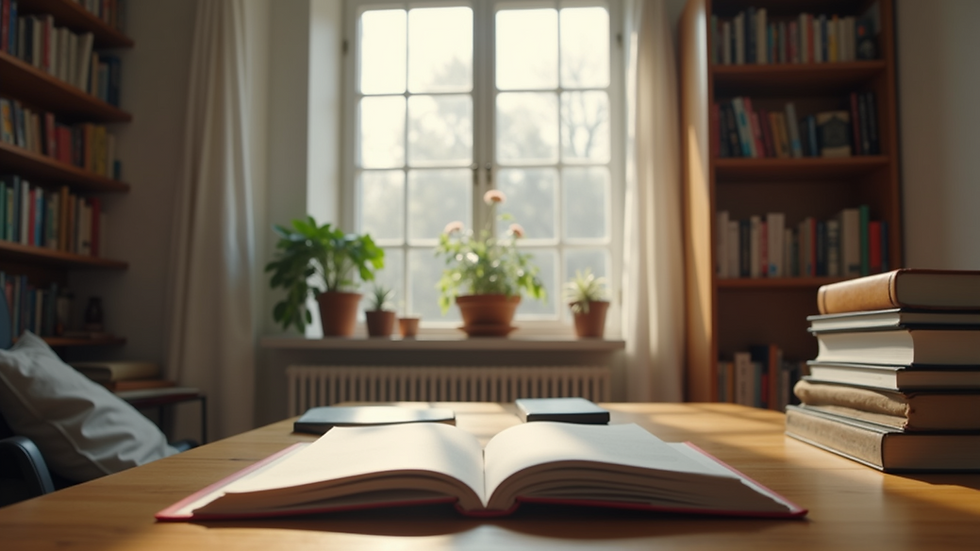 Eye-level view of a cozy home study space with books and learning materials
