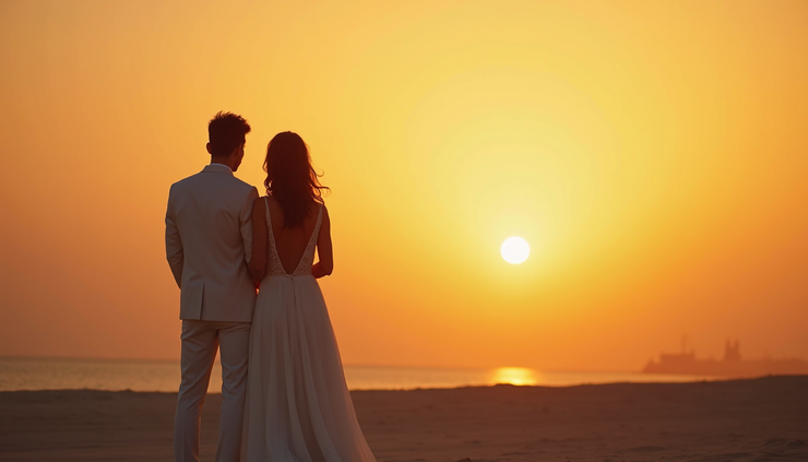 Eye-level view of a photographer capturing a wedding couple at sunset in Abu Dhabi