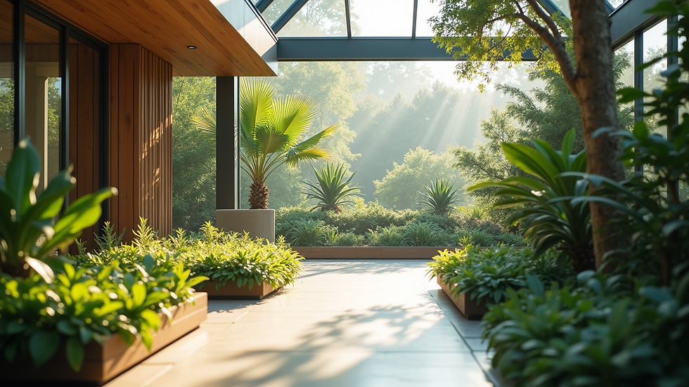 Wide angle view of a serene indoor garden with natural light