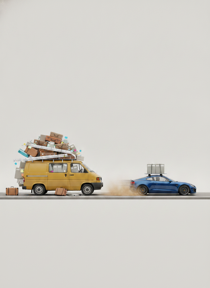 A concrete professional PMO vehicle metaphor on a flat, uniform light-neutral studio background with a simple clean road strip: a fast lightly loaded car is clearly in front of the overloaded van on the road, moving in the same direction, with visible dust and subtle motion streaks trailing behind it because it is going fast. Behind it, a large van struggles to move slowly because it is overloaded with too many suitcases, blank PMO folders, task cards, deliverable blocks and timeline strips packed on the roof, visible inside and spilling beyond the van width. The van should sit low with compressed trapezoid-like wheels and visible strain. No people, no readable text, no dashboards, no meeting scenes.