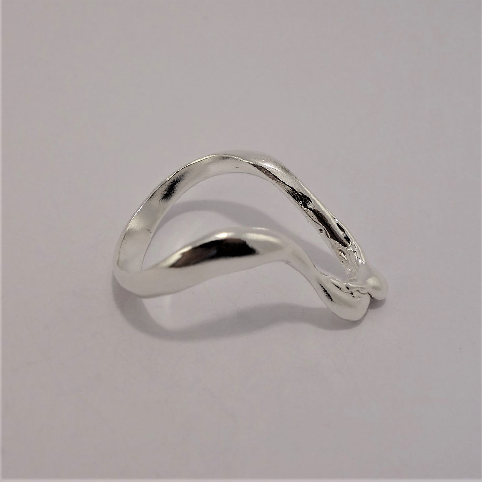 Thumbnail: A sculptural silver ring with a soft triangular shape and a fluid, organic form, shown from multiple angles on a plain backgr