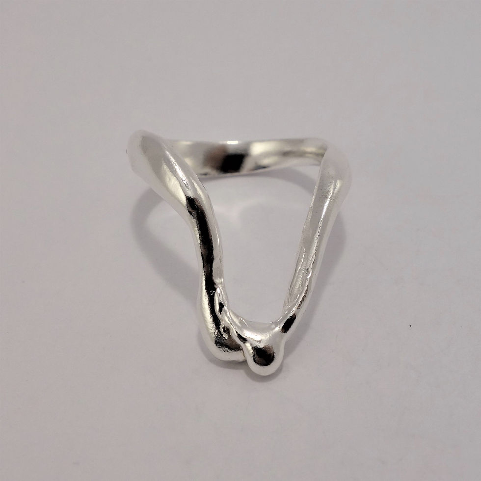 Thumbnail: A sculptural silver ring with a soft triangular shape and a fluid, organic form, shown from multiple angles on a plain backgr