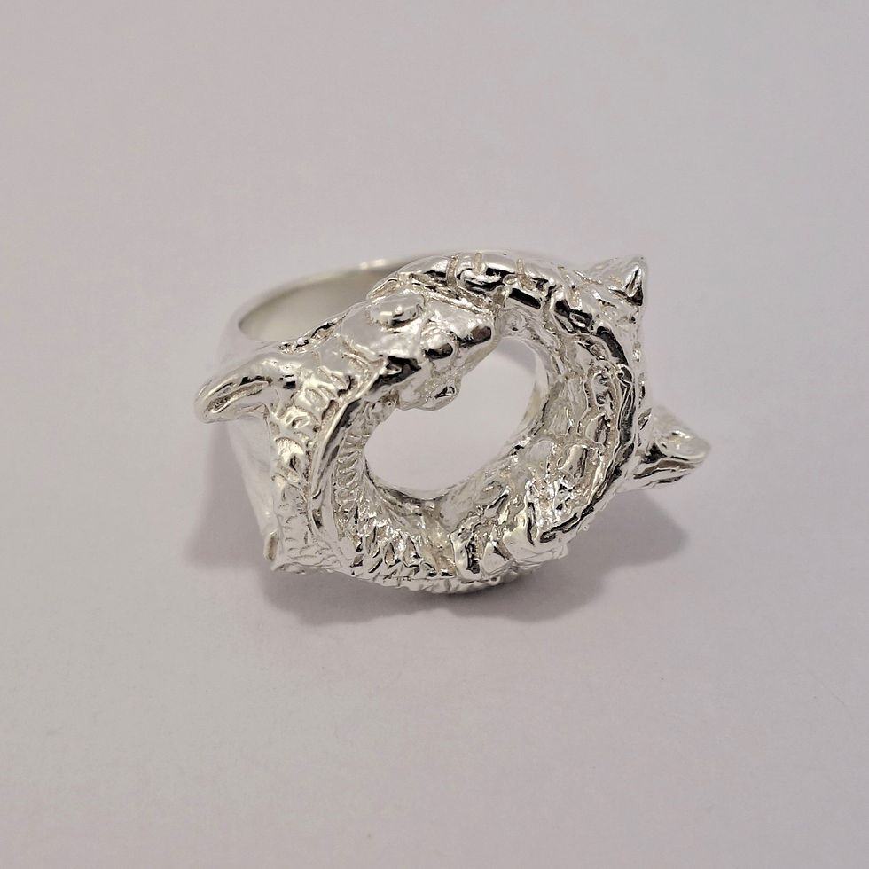 Thumbnail: Sterling silver ring featuring two sculpted fish circling into an open loop