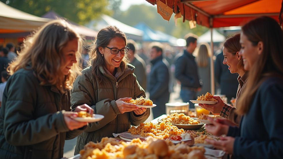 High angle view of a community event with people enjoying local food and activities
