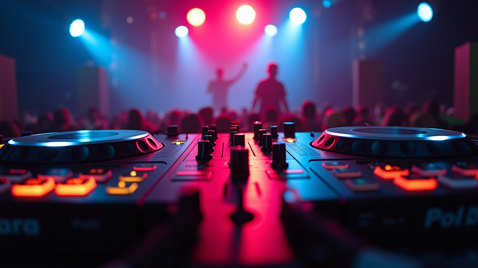 Eye-level view of DJ equipment setup with colorful lights