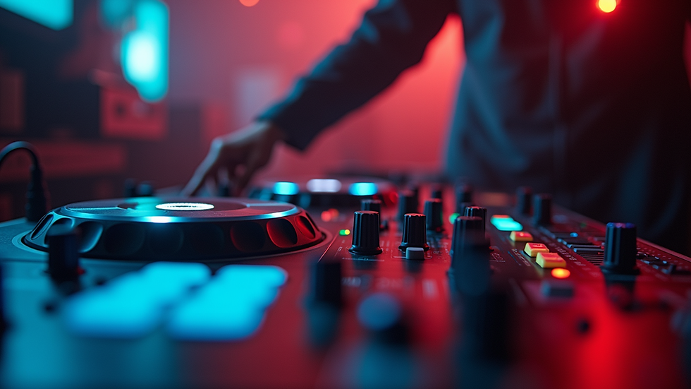 Eye-level view of DJ mixing music on a professional console