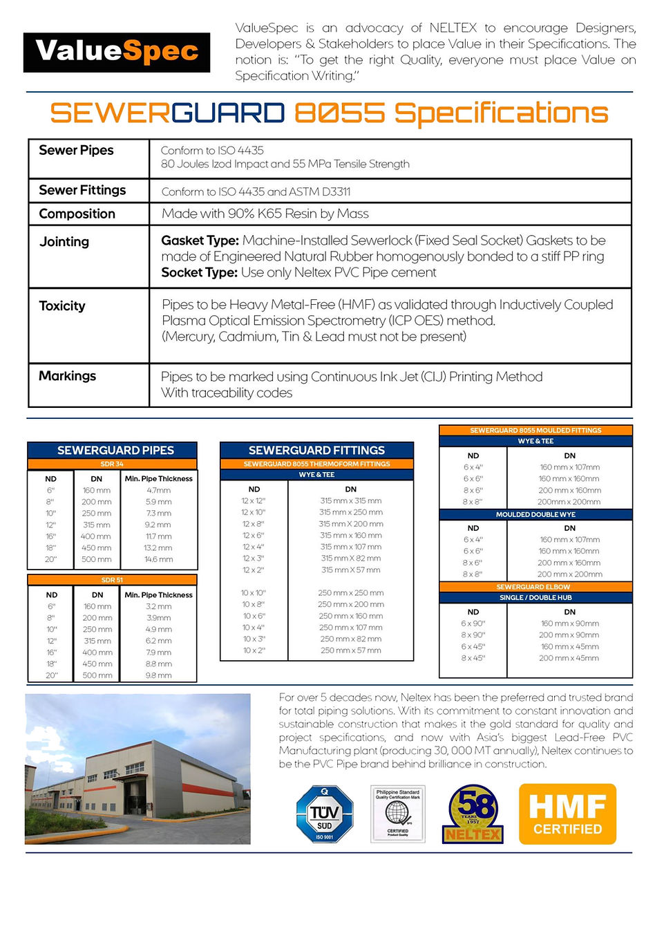ISO 4435 80 JOULES IZOD IMPACT AND 55 MPA TENSILE STRENGTH ASTM D3311 90% K65 RESIN BY MASS GASKET SOCKET TYPES SDR 34 SDR 51 THERMOFORM WYE TEE