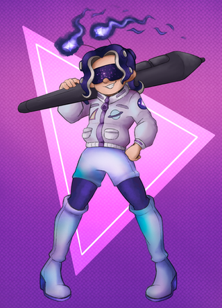 Cartoon astronaut holding a pen, wearing a visor, with purple and white suit.