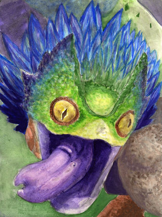 Watercolor painting of a vibrant blue and green creature with prominent eyes.