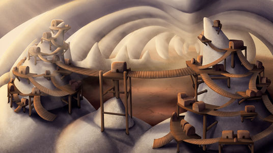 Wooden structures and bridge across a landscape illustration with a cloudy background.