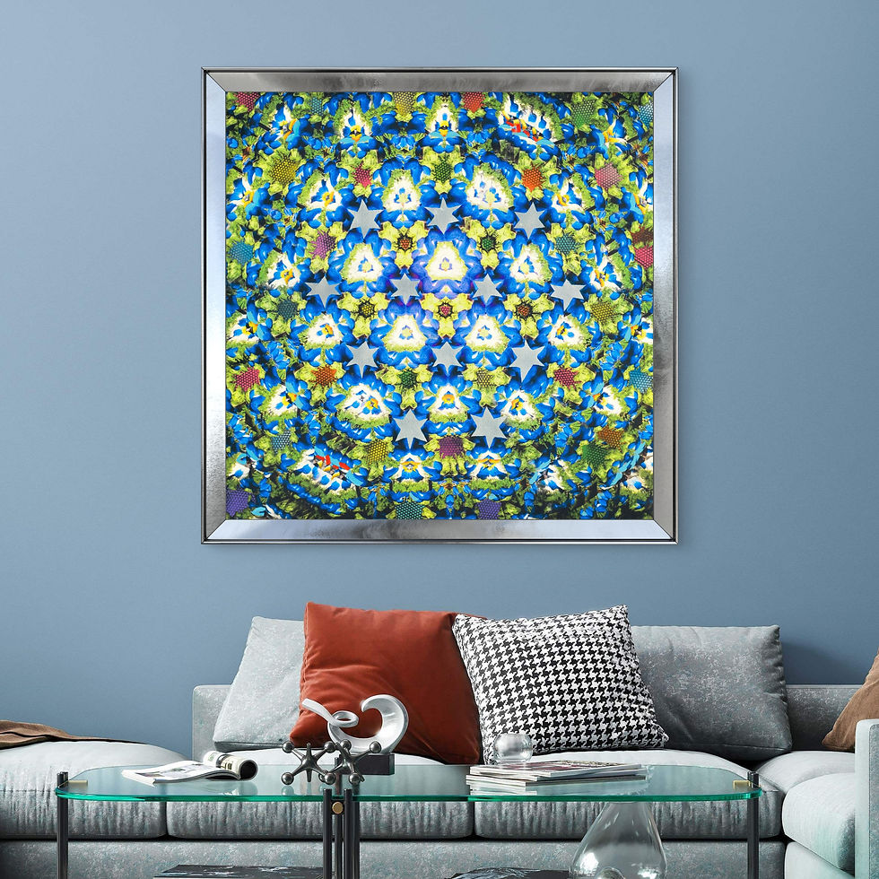 Framed A Field of Blue Lupin Flowers artwork, hung above a couch with decorative cushions in a light filled lounge.