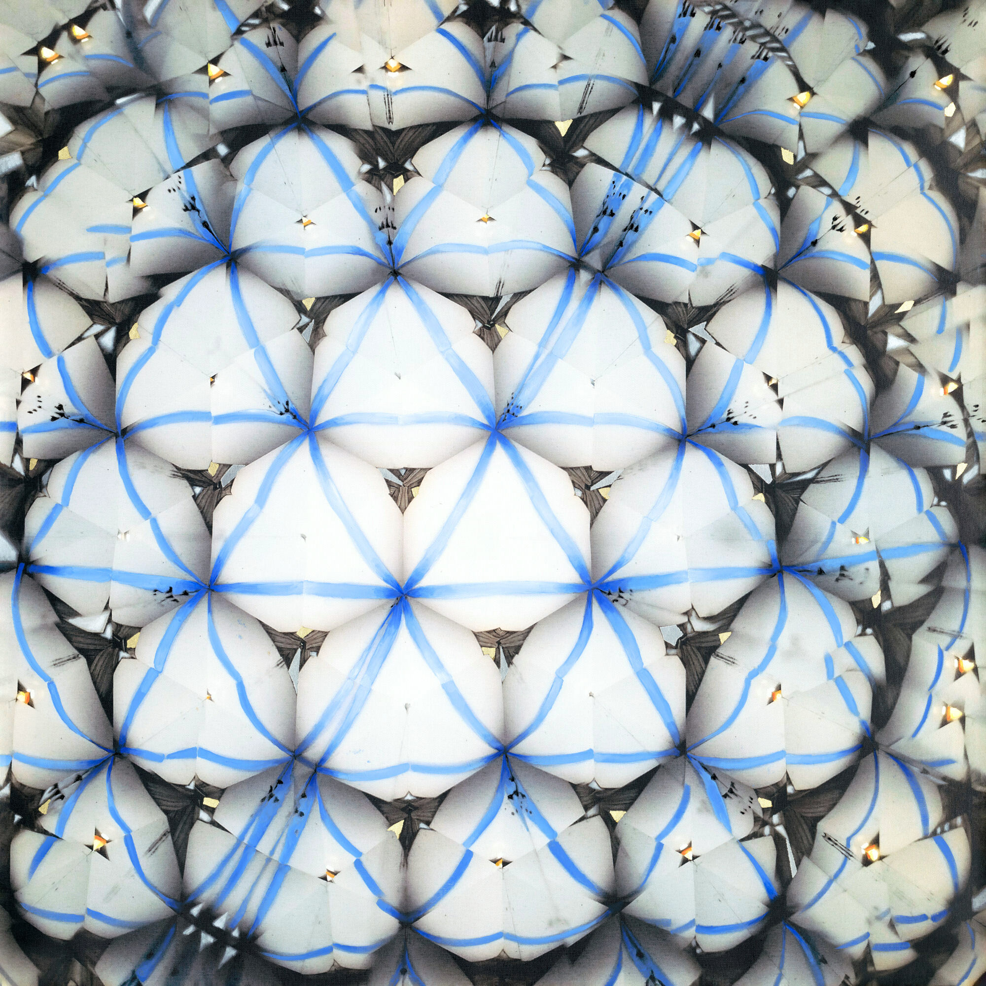 An undulating kaleidoscope pattern combining almond blossom buds and the Israeli national flag.