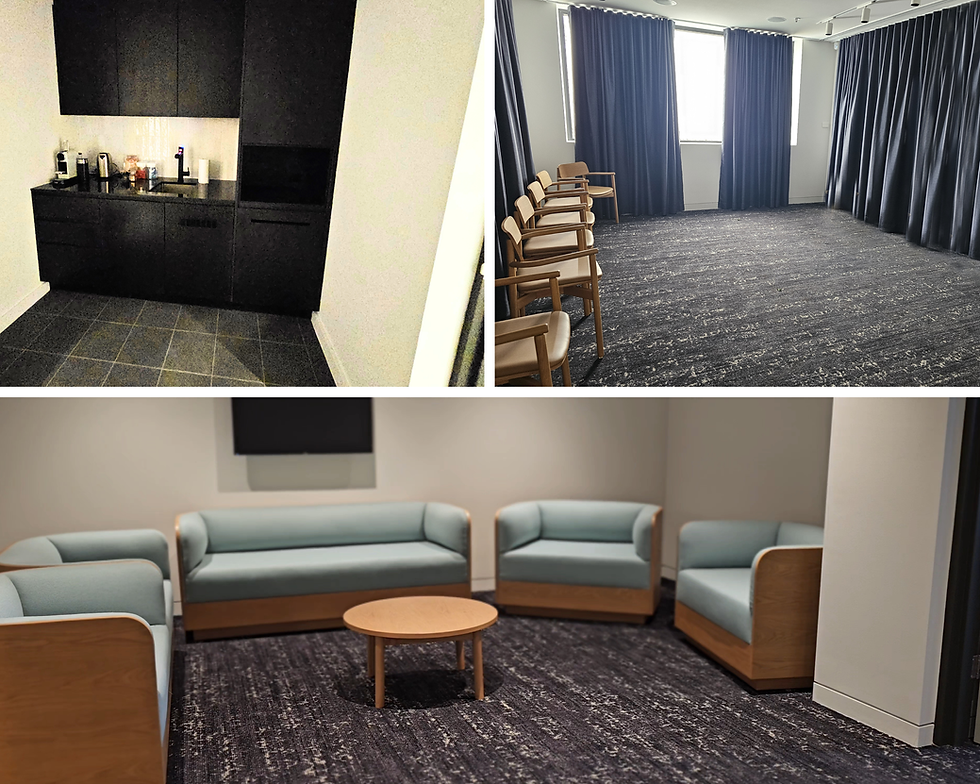 Modern interior collage: dark kitchen with appliances, empty room with chairs, lounge with gray sofas, wood table. Neutral tones, calm mood.