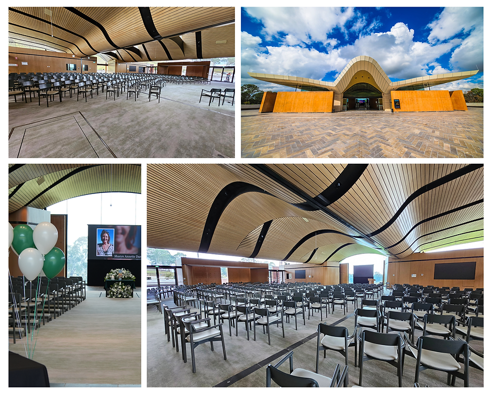 Modern hall with wave-patterned wooden ceiling, empty chairs, and floral display. Balloons in corner. Entrance with blue sky outside.