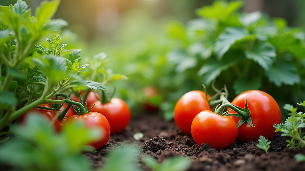 Close-up view of a vibrant organic vegetable garden with various plants