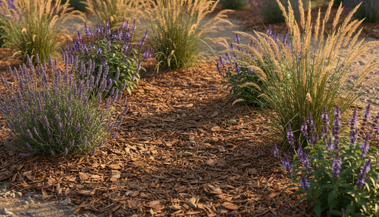 Close-up view of fresh mulch around drought-tolerant plants in a sunny garden bed.