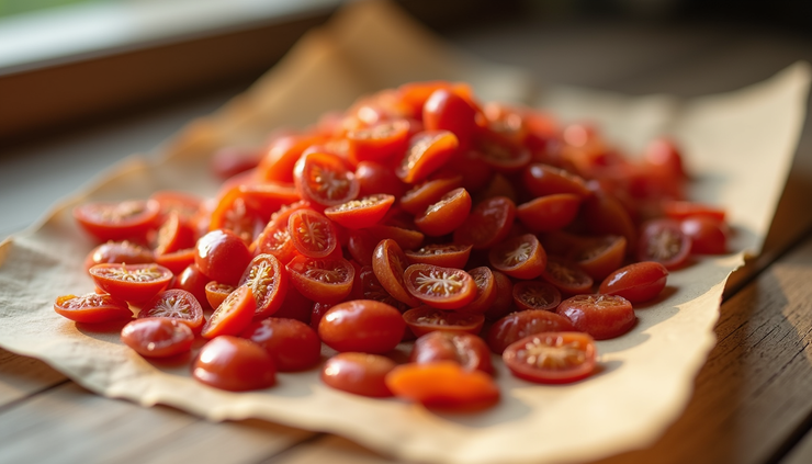 Close-up view of dried tomato seeds ready for collection