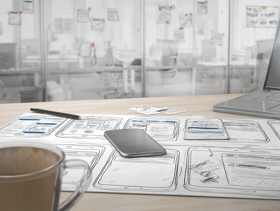 Desk with wireframes of app drawn on a large piece of paper. Smartphone and pen on top of paper.