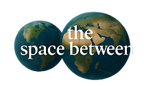 Logo for the Space Between. Two worlds with the text "the space between" across the front of the two worlds