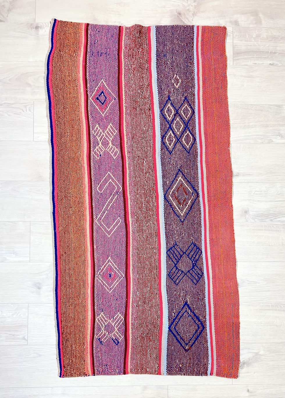 Miniature : Détail des motifs géométriques et du tissage en laine du tapis péruvien