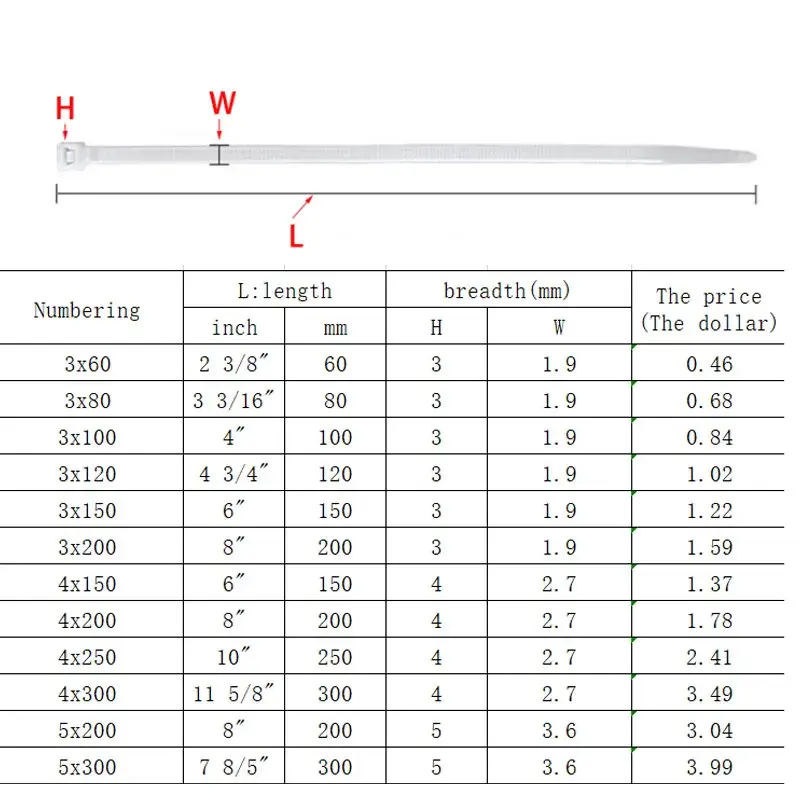 Miniature : 自锁塑料100件黑白紧固环拉链带尼龙扎带3*200