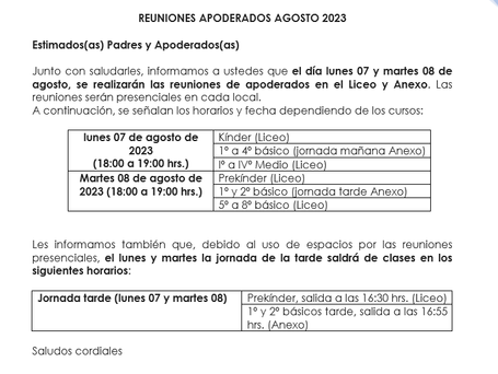 Reunión de apoderados, agosto 2023