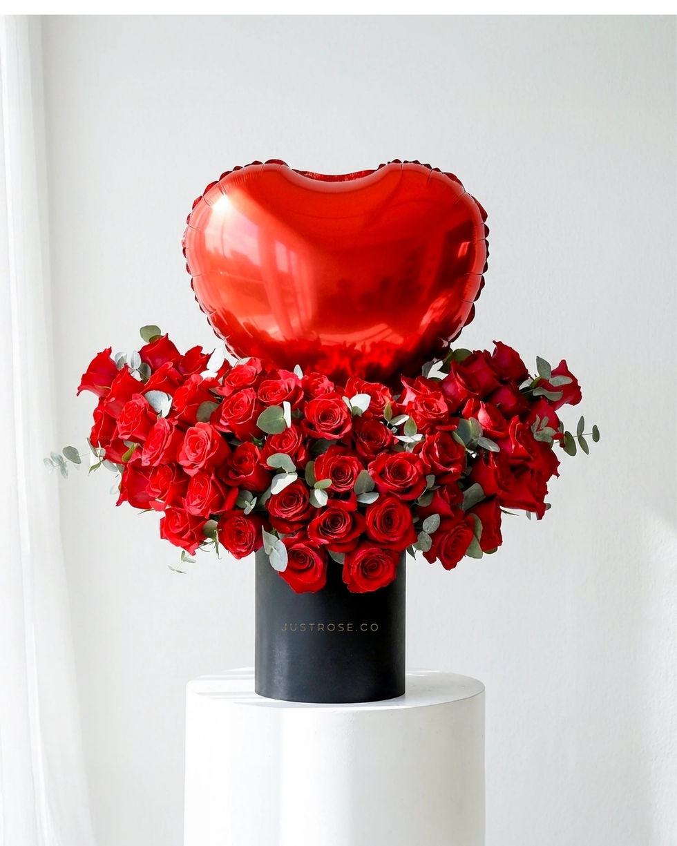 Kalpli Balonlu Kırmızı Gül Kutu