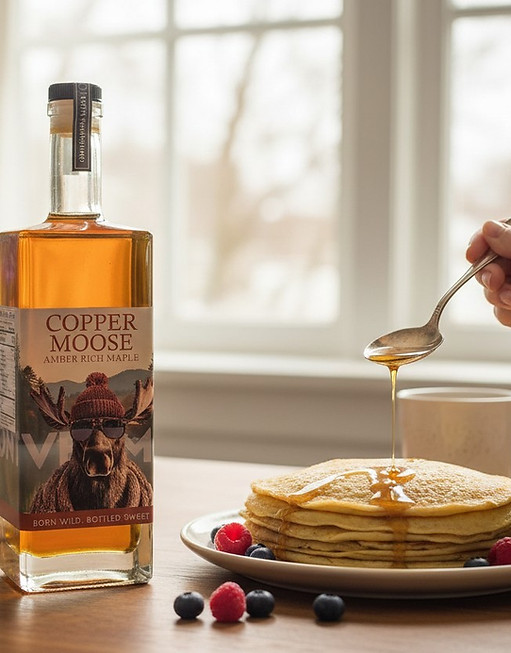 750ml bottle of copper moose maple syrup with pancakes