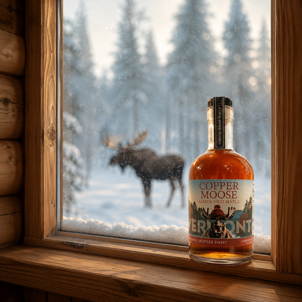 moose in window with maple syrup