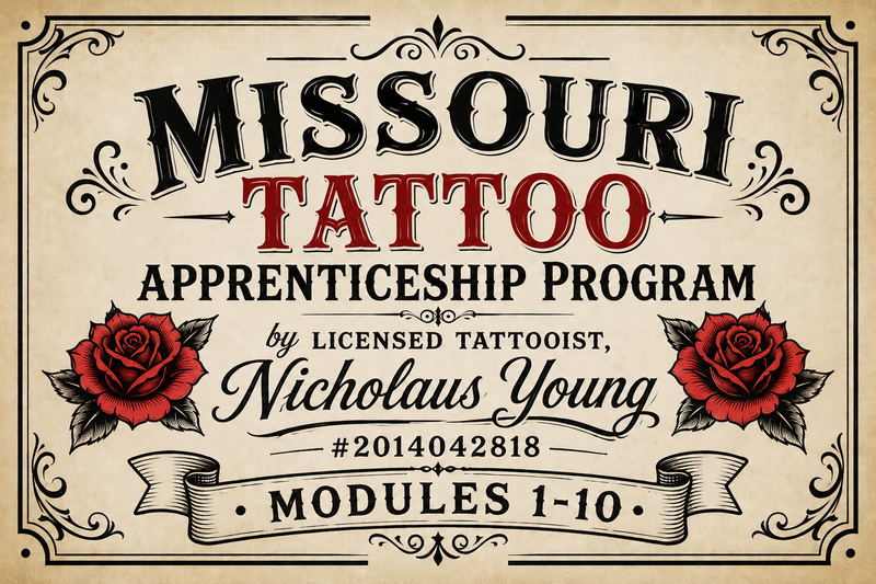 Vintage-style Missouri Tattoo Apprenticeship Program badge featuring official tattoo training curriculum, licensed tattoo artist mentorship, Kansas City tattoo education, tattoo apprentice modules 1–10, Missouri tattoo licensing pathway, professional tattoo certification preparation, Learn to Ink apprenticeship branding, retro tattoo flash aesthetic, tattoo school alternative, hands-on tattoo artist training, body art education program, licensed tattoo instructor Nicholaus Young, black and red classic tattoo typography, state-compliant tattoo apprenticeship marketing graphic.