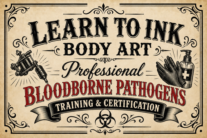 OSHA-compliant Bloodborne Pathogens training for tattoo artists, body piercers, apprentices, and body art professionals in Kansas City, Missouri. The Learn to Ink Professional Bloodborne Pathogens Training & Certification Course covers all 13 required OSHA training elements under 29 CFR 1910.1030(g)(2)(vii)(A–N), including exposure control plans, PPE, sanitation, sharps handling, cross-contamination prevention, biohazard procedures, hepatitis B information, exposure incident response, and workplace safety standards for tattoo and piercing environments. Designed specifically for tattoo studios, piercing studios, permanent makeup professionals, and Missouri tattoo apprenticeship programs. Students must complete all course material and pass the final exam with an 80% or higher to receive certification. Ideal for Kansas City tattoo apprentices, licensed tattoo artists, body piercers, and studio owners seeking OSHA BBP certification.