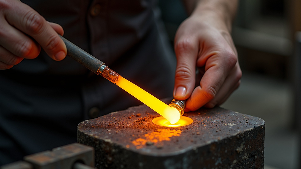 High angle view of a glassblower shaping molten glass on a blowpipe