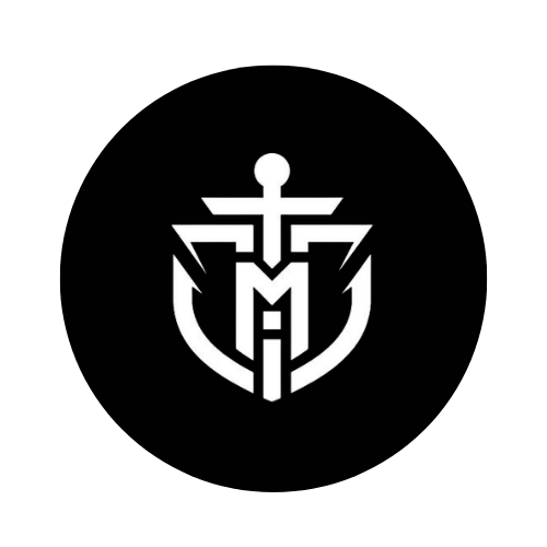 Black circle with a white, stylized anchor symbol and the letters "TMC" intertwined. The background is plain and minimalistic.