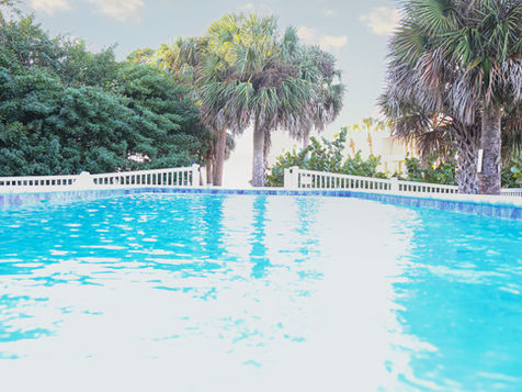 Resurfaced pool surrounded by tropical landscaping after renovation in Pinellas County, Florida