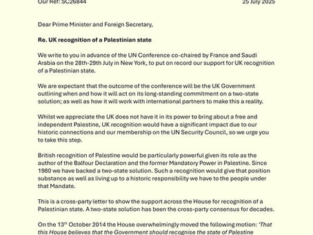 Letter calling for recognition of a Palestinian State