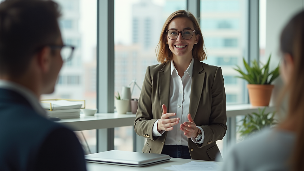 High angle view of a woman confidently leading a meeting in a bright office