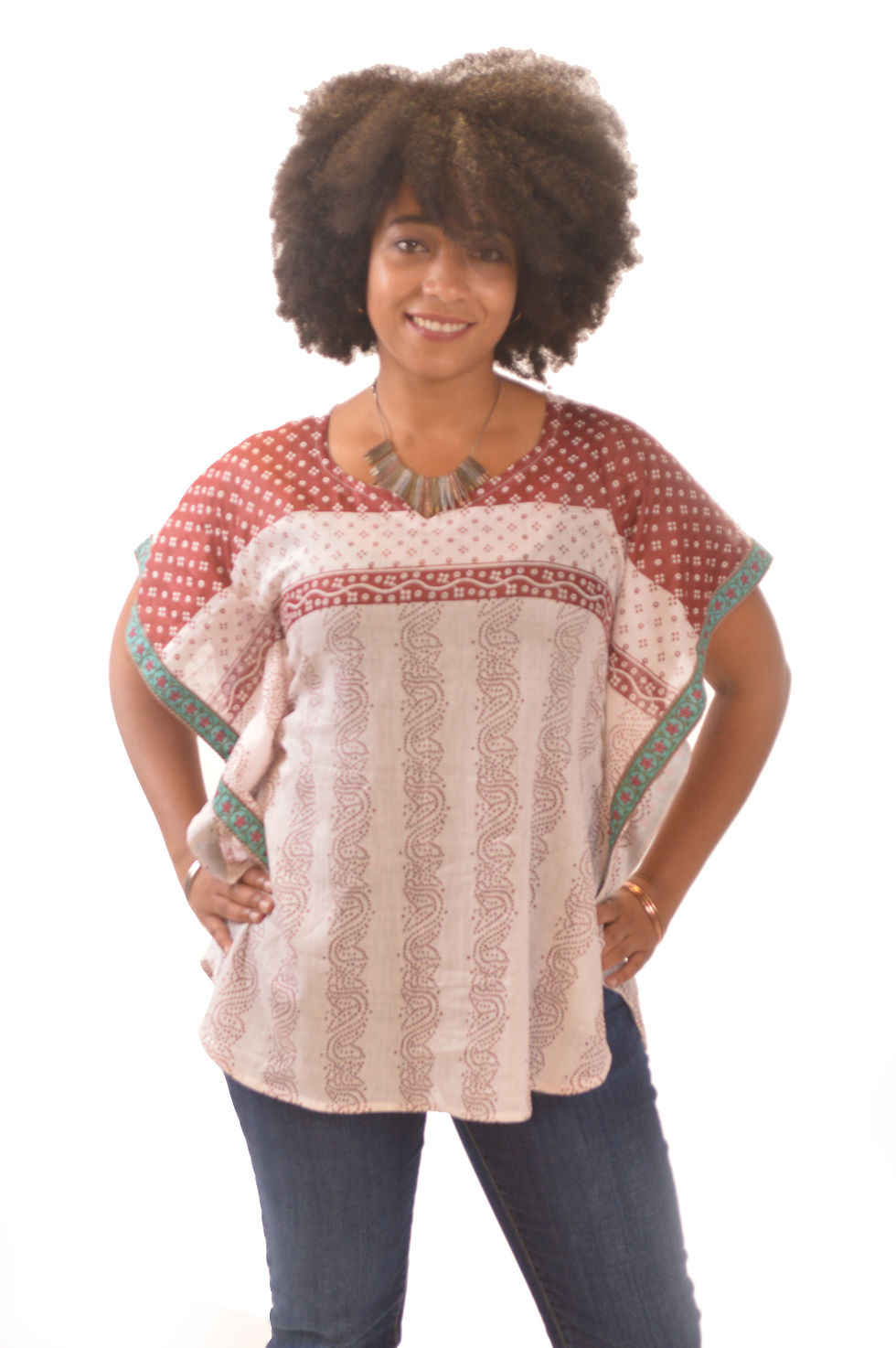 Kaftan Top - Off White & Maroon