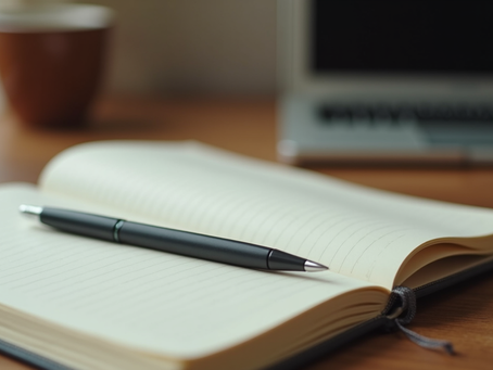 An open notebook with pen resting on it.