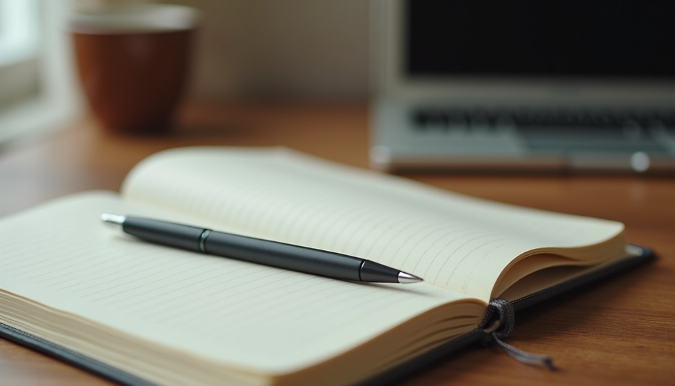 An open notebook with pen resting on it.