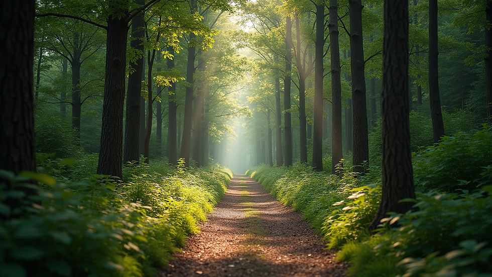 Wide angle view of a tranquil forest pathway