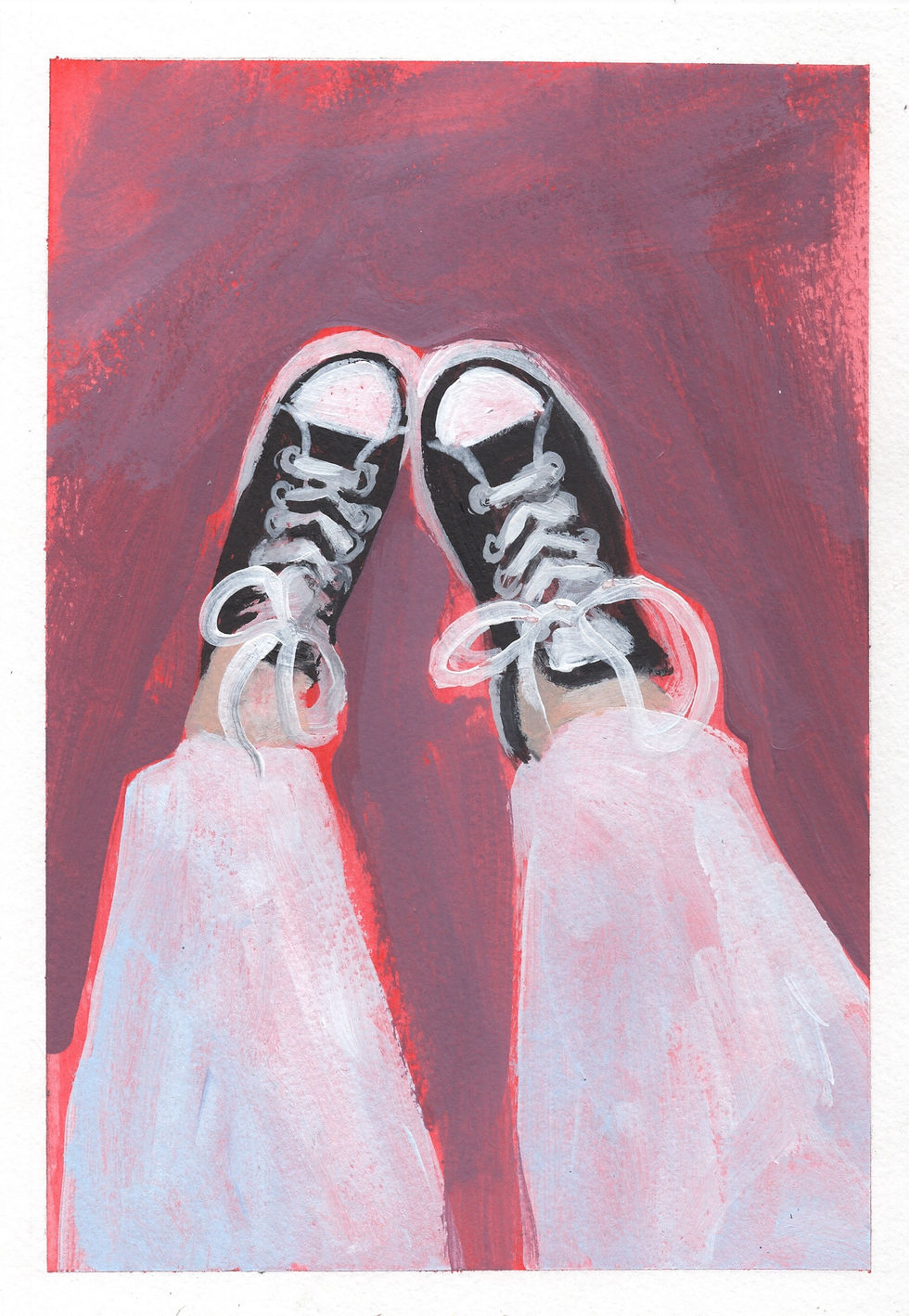 Thumbnail: Acrylic painting of feet in the air with converse shoes on with purple background. 